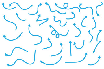 Hand drawn thin line arrows set. Many vector curvy and wavy arrows isolated on white background.