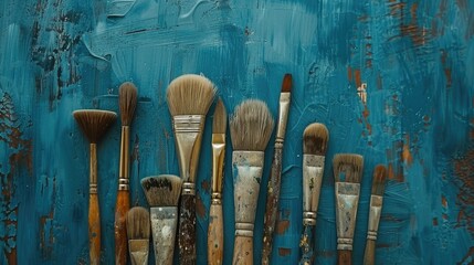 Paint brushes displayed on a vintage blue backdrop
