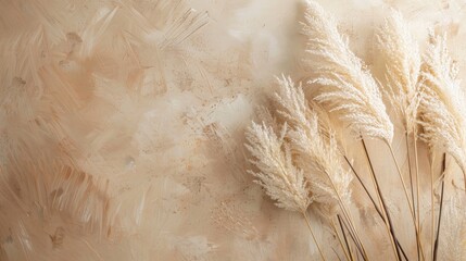 Pampas grass on tan backdrop with reed clusters