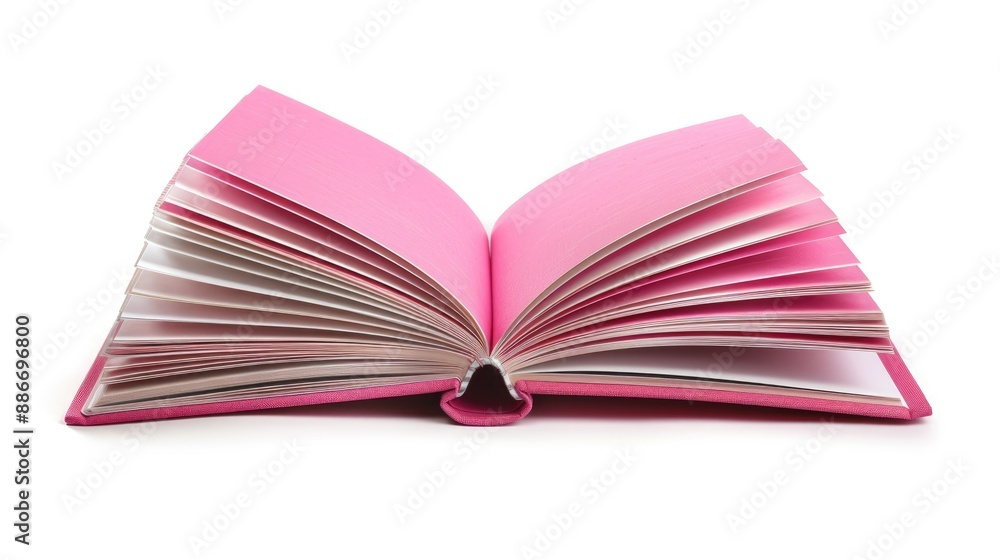 Poster pink notebook and open book with copy space on white background representing literature reading writ