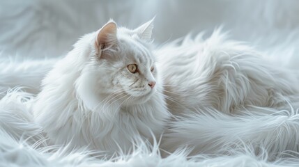 Fototapeta premium Portrait of a plump elderly white cat on a snowy fur