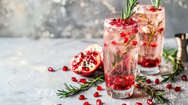 Pomegranate Champagne Mocktail with Rosemary on Concrete Background for Valentine s Day or holidays