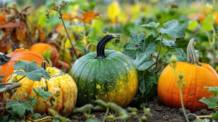 Pumpkins in yellow green and orange amongst autumn setting