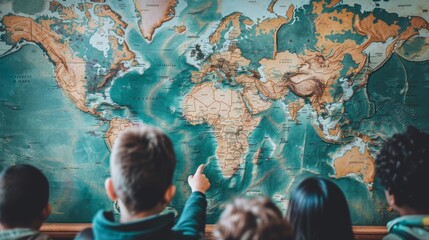 Global Discovery Teacher Pointing to World Map in Classroom Students Engaged and Curious