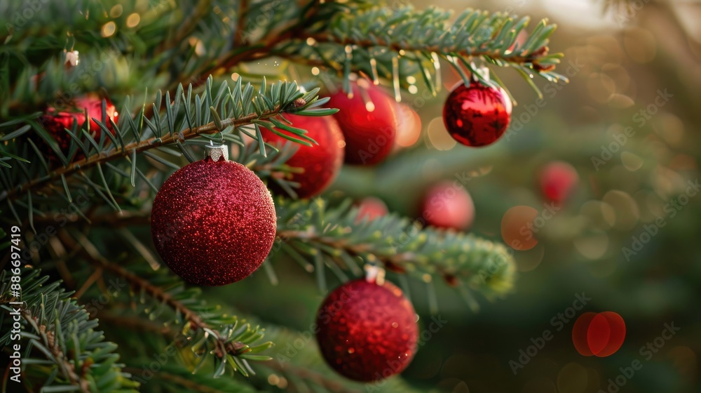 Sticker red balls hanging on pine branches with christmas tree decorations