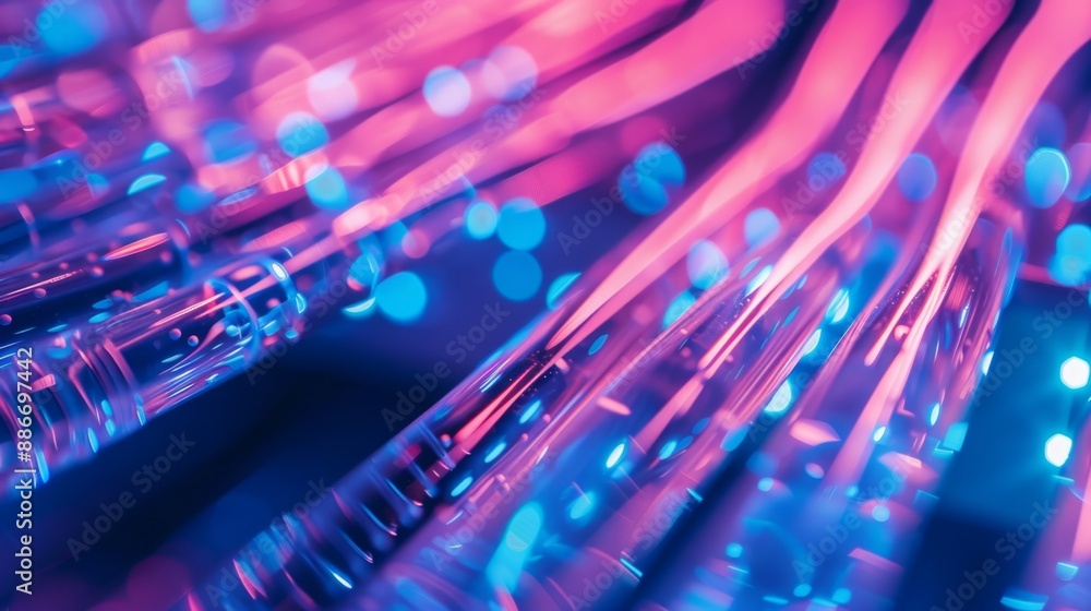 Poster a close-up of network cables, bathed in a striking blend of pink and blue light, creates an abstract