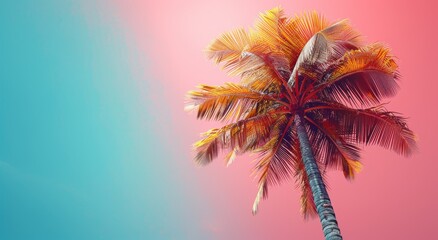 Surreal pop art blue palm tree on coral pink backdrop.