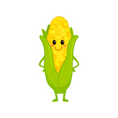 Cute yellow corn character isolated on a white background. Vegetable illustration. Cartoon corn in flat style. Food illustration for kids.