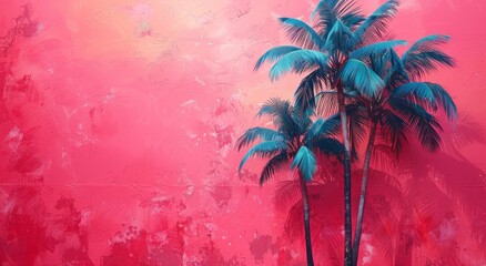 Surreal pop art blue palm tree on coral pink backdrop.