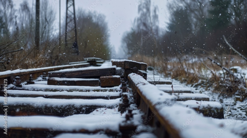 Poster renewing a winter railway track with stacked old rails and sleepers