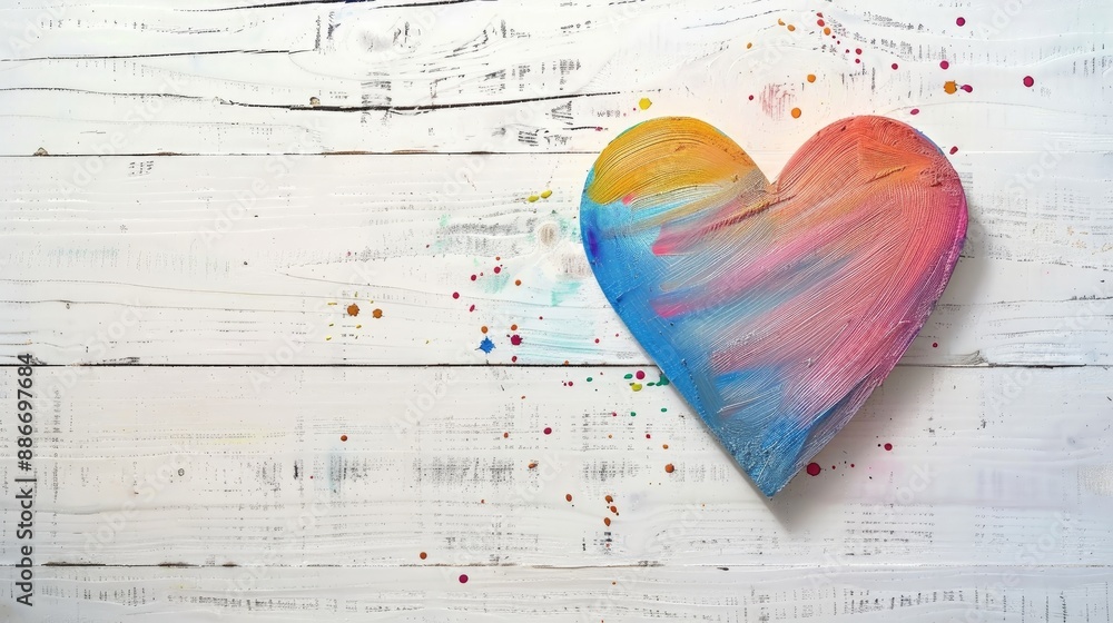Poster retro multicolored heart on white wood backdrop with text space top view