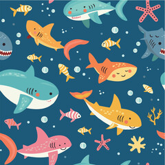 vector of Underwater with Cosmic Cuties Shark Seamless pattern