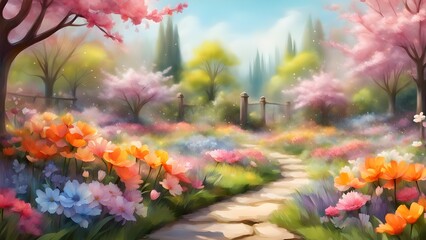 Fototapeta premium Colorful and vibrant digital painting of a garden path with a variety of flowers and trees