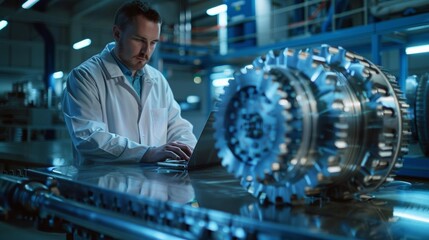Engineer working on a large gear mechanism in a factory.