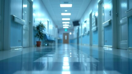 Obraz premium Blurry hospital hallway, bright lighting, reception clinic visible, clean and sterile, wideangle view, healthcare environment