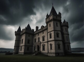 Obraz premium an old and abandoned castle with a dark sky in the background
