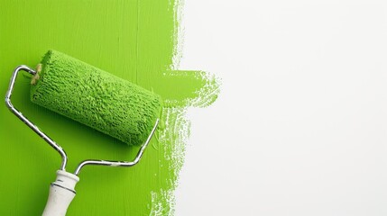 Obraz premium Green paint roller against white wall in close up