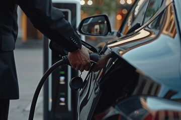 A man is plugging his car into a charging station