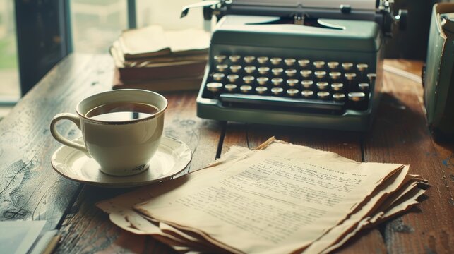 Vintage Writing Retreat Typewriter Manuscripts and Coffee on Wooden Desk