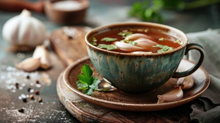 Healthy garlic tea in a cup on the table