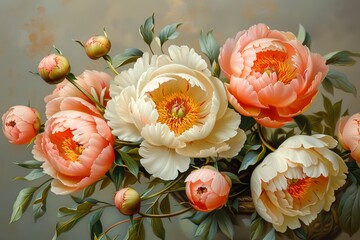 Pink, white and yellow peonies. Flower phone wallpaper. Floral print or poster.