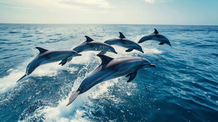 A group of dolphins leaping out of the ocean, with clear blue water and a bright sky