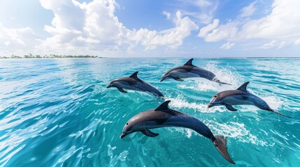 Obraz premium A group of dolphins leaping out of the ocean, with clear blue water and a bright sky