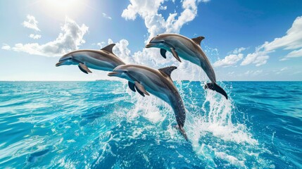 Obraz premium A group of dolphins leaping out of the ocean, with clear blue water and a bright sky