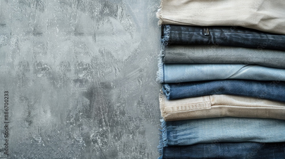 Poster jeans folded haphazardly on gray background close up of various colored jeans denim texture backgrou