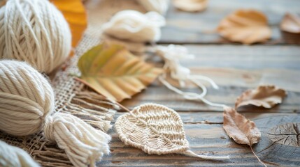Macrame leaf and thread winding on wooden table cotton rope decoration adds coziness and uniqueness to room Handmade wall hanging decor for woman s hobby with copy space