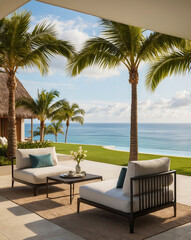 Fototapeta premium Tropical patio overlooking ocean with two lounge chairs and coffee table