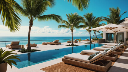 Fototapeta premium Pristine pool with lounge chairs sits in front of tropical villa overlooking vast ocean. Palm trees sway in breeze