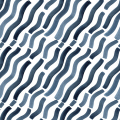 Hand painted watercolor blue indigo wave stripes on white background. Diagonal waves stripe seamless pattern. For fabric, sketchbook, wallpaper, wrapping paper.