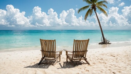 beautiful tropical beach two wooden chairs sand are