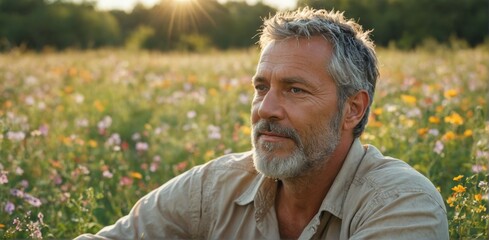 portrait middle-aged man grey hair beard sitting field - Powered by Adobe