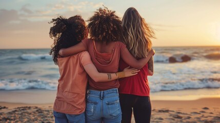 Vibrant Friends Embracing on Beach at Sunset, Joyful Bonding Moment with Curly Hair, Casual Style