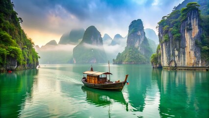 Traditional wooden fishing boat anchored in tranquil turquoise waters of Ha Long bay, surrounded by lush green limestone karst islands and misty atmosphere.