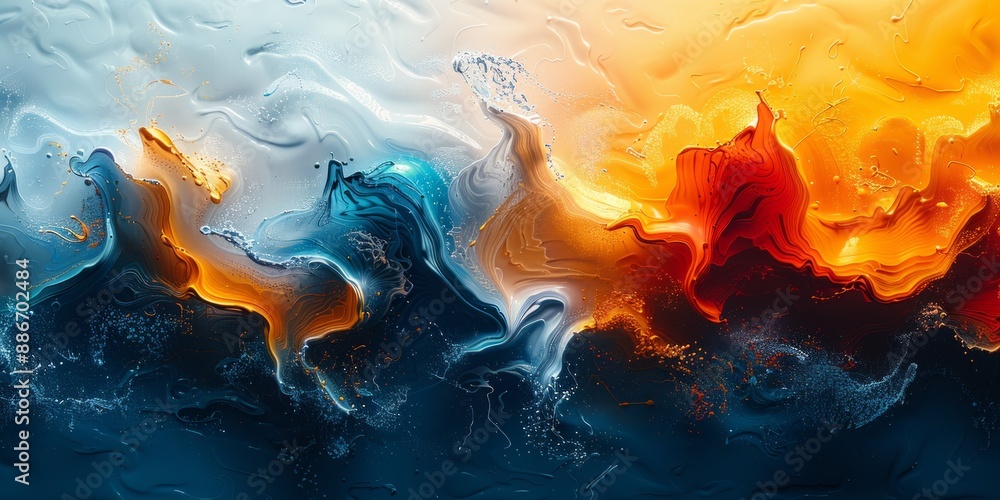 Poster abstract painting with a fusion of different textures and colors, creating a rich and complex compos