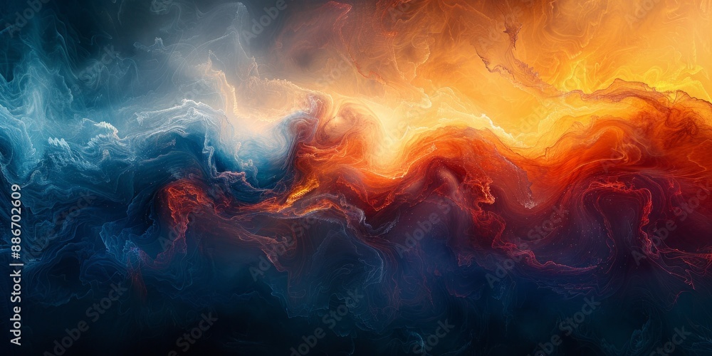 Poster abstract painting with a harmonious blend of cool and warm colors, creating a balanced and visually 
