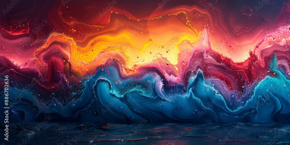 Poster abstract painting with a harmonious blend of cool and warm tones, creating a balanced and visually p