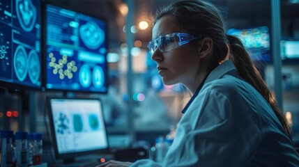 Fototapeta premium Female lab technician working late in a dimly lit lab