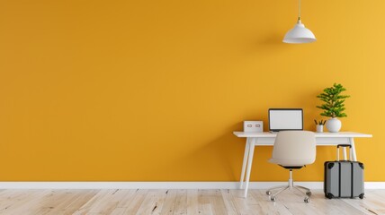 A vibrant home office featuring a white desk, laptop, potted plant, and suitcase against a bright yellow wall, creating a cheerful workspace.
