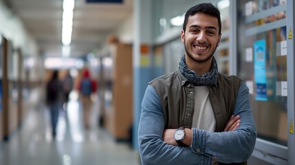 Obraz premium Confident Arab Male University Student in Hallway, Smiling and Posing with Arms Crossed, Campus Life Diversity, Education Concept