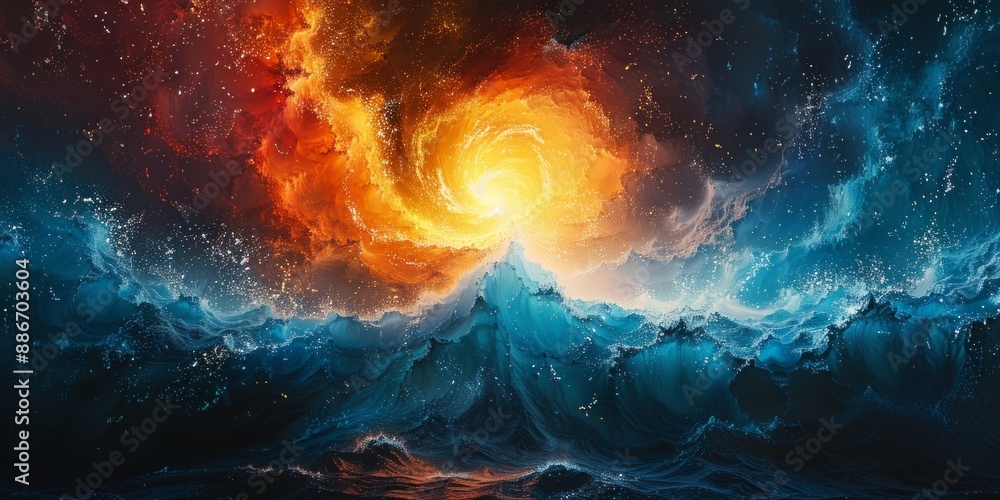 Poster abstract painting with a harmonious blend of cool and warm tones, creating a balanced and visually p