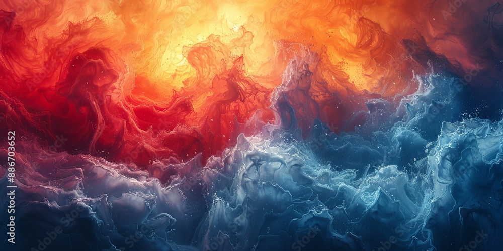 Poster abstract painting with a harmonious blend of cool and warm tones, creating a balanced and visually p
