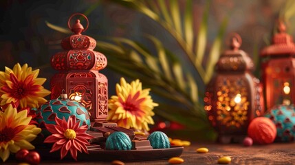 Fototapeta premium Festive Ramadan Decorations with Chocolate and Lanterns.