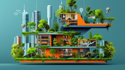 Green roofs, urban greening, flat design illustration 
