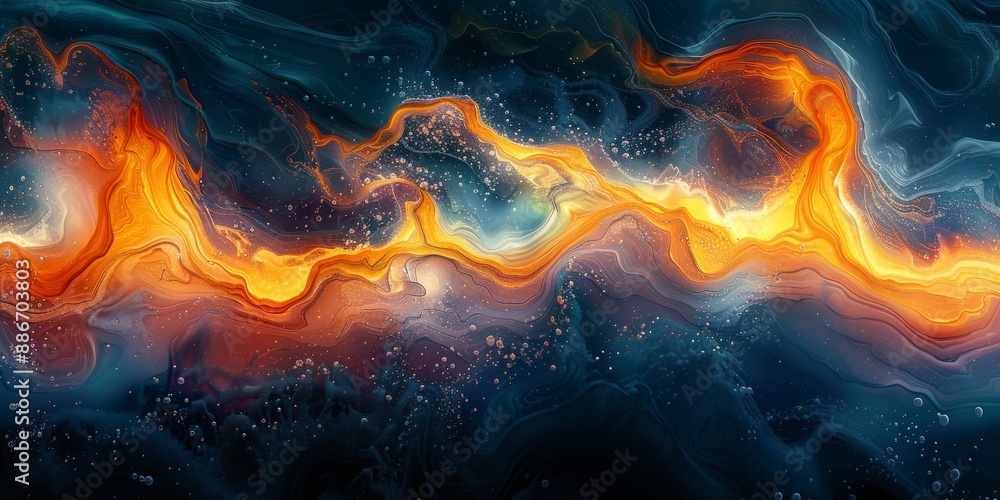 Poster abstract painting with fluid forms and dynamic lines, evoking a sense of movement and flow