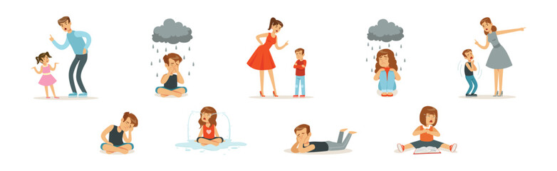Sad Child Character Cry and Feel Unhappy Vector Set
