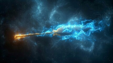 Magical Flying Broom with Glowing Blue Smoke